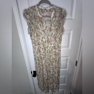 Free People Cream and Olive Floral Ruffled Maxi Dress